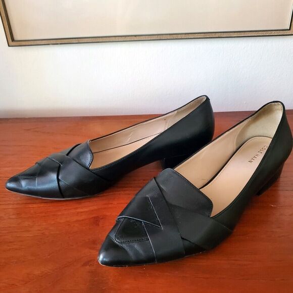 Cole Haan Black Womens Flats Loafers Woven Leather 8.5 EU 39 Pointed Toe - Picture 2 of 7